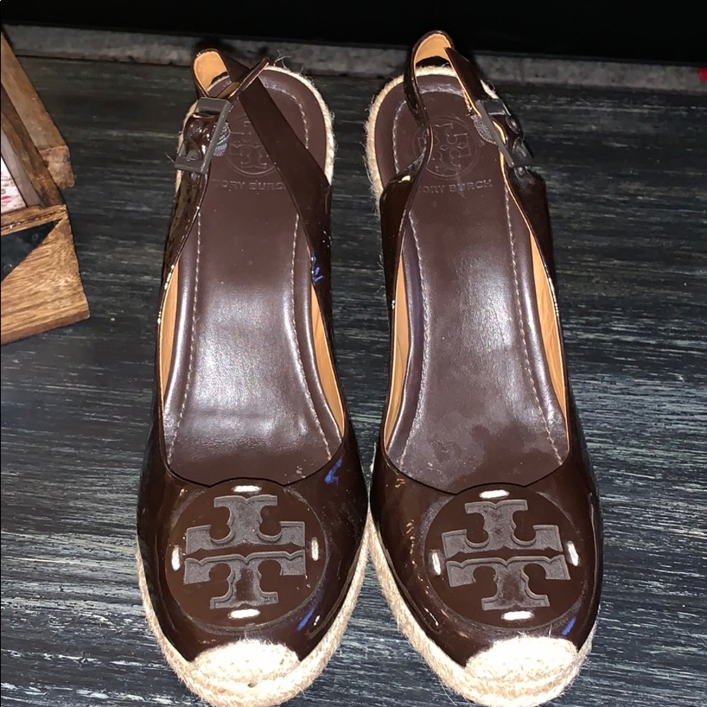 Tory Burch Brown Patent Leather Espadrille Wedges - Picture 2 of 4